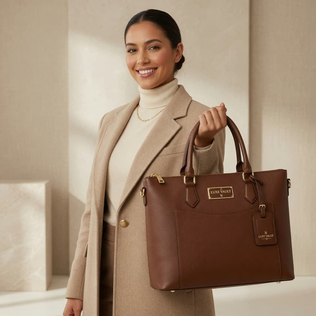 Smiling professional woman in a turtleneck and coat holding a brown branded leather handbag